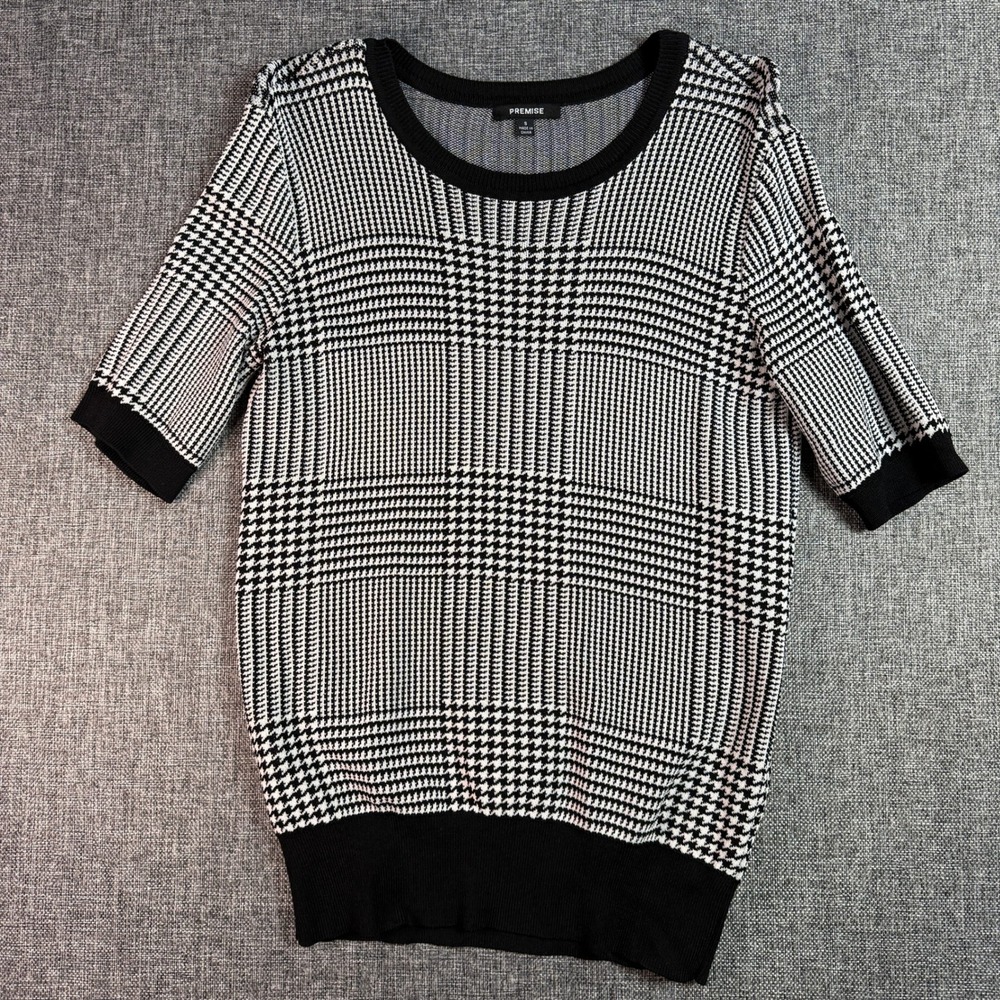 Women Premise Short Sleeve Sweater‎ S Black White Houndstooth Plaid-Excellent